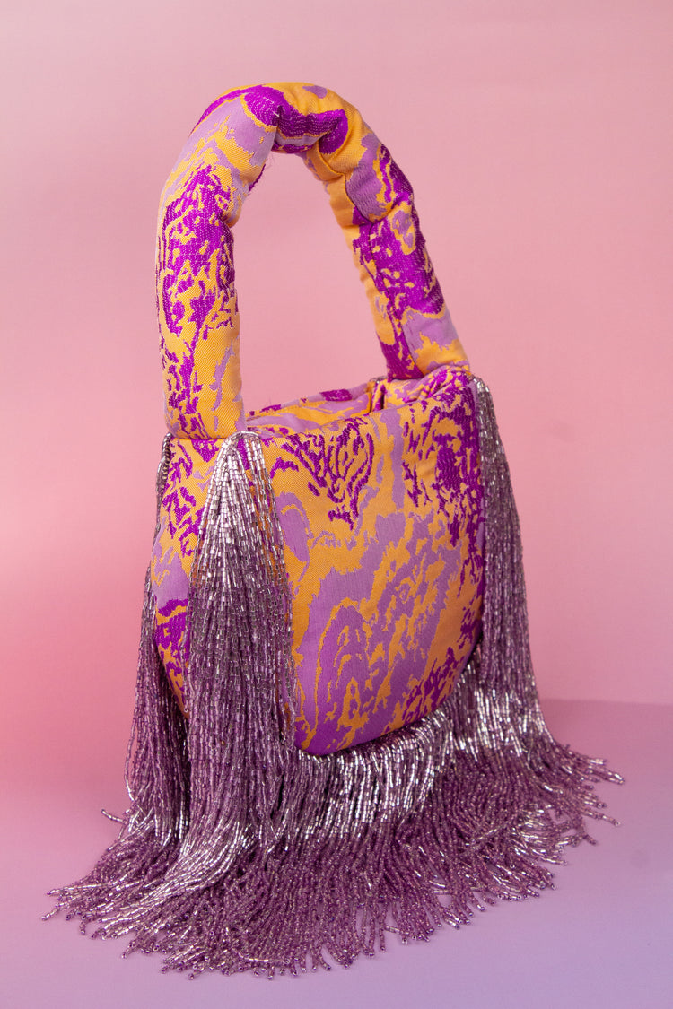 Bolso de hombro Soleil tejido jacquard flecos malva