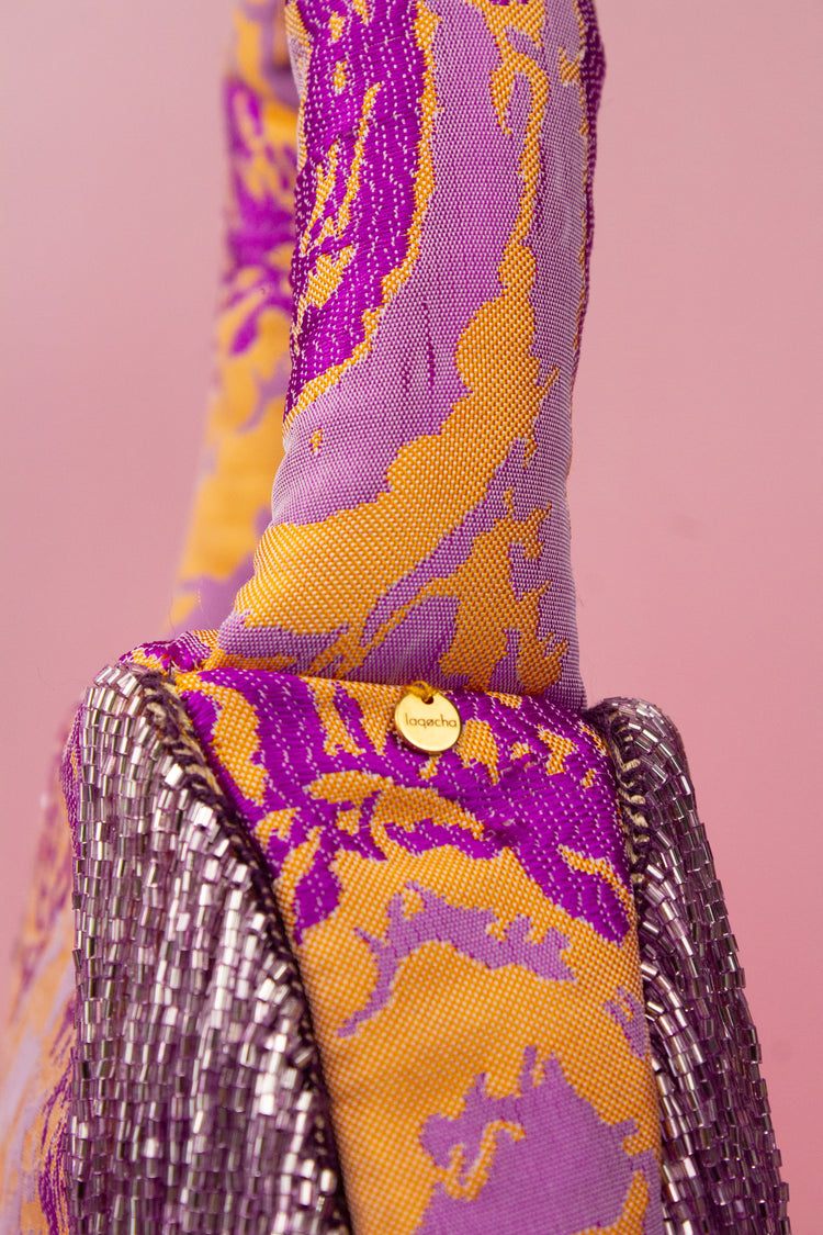 Bolso de hombro Soleil tejido jacquard flecos malva